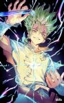  1boy absurdres artist_name bandaged_arm bandages bikkusama collarbone diffraction_spikes dr._stone electricity facial_mark fingernails green_hair highres holding ishigami_senkuu liquid male_focus parted_lips pouring red_eyes smile solo teeth torn torn_clothes vial 