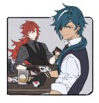  2boys alcohol alternate_costume bangs black_gloves black_vest blue_eyes blue_hair card closed_eyes cup dark-skinned_male dark_skin diluc_ragnvindr ear_piercing eyepatch genshin_impact gloves grey_shirt hair_between_eyes highres holding holding_cup kaeya_alberich long_hair male_focus multicolored_hair multiple_boys papajay_(jennygin2) partially_fingerless_gloves piercing playing_card poker_chip ponytail red_eyes redhead shirt simple_background streaked_hair table vest white_shirt 