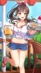  1girl :d bangs beach beer_mug bikini bikini_under_clothes blue_shorts blue_sky blurry blurry_background blush bow brown_hair character_request collarbone cup day doukyuusei_another_world floating_hair game_cg hair_between_eyes hair_bow halterneck high_ponytail holding holding_cup leg_up long_hair looking_at_viewer midriff mug navel ocean off-shoulder_shirt off_shoulder official_art open_mouth outdoors red_bikini red_bow red_ribbon ribbon shaved_ice shiny shiny_hair shirt short_shorts short_sleeves shorts side-tie_bikini sky smile solo_focus stomach swimsuit thigh_gap very_long_hair white_shirt yellow_eyes 