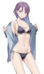  1girl bikini breasts commentary_request hair_ornament hairclip halterneck highres kuen_(kuennn12) looking_at_viewer multi-strapped_bikini nail_polish navel original purple_hair side-tie_bikini smile string_bikini swimsuit tongue tongue_out white_background 