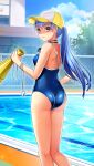  1girl ass bangs baseball_cap blue_hair blue_sky blue_swimsuit closed_mouth clouds day doukyuusei_another_world eyebrows_visible_through_hair floating_hair from_behind game_cg hat holding kakyuusei_2 long_hair looking_at_viewer looking_back official_art outdoors ponytail poolside red_eyes shiny shiny_hair shoulder_blades sky smile solo standing swimsuit takatoo_nanase very_long_hair whistle yellow_headwear 