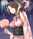  1girl alternate_costume brown_eyes brown_hair commentary_request cowboy_shot fan fireworks floral_print hair_intakes half_updo highres jintsuu_(kancolle) kantai_collection ken_(shutenndouji1) long_hair looking_at_viewer night paper_fan solo uchiwa 