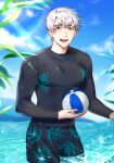  1boy ball beachball black_eyes black_shirt clouds day eyebrows_visible_through_hair highres looking_at_viewer male_focus male_swimwear open_mouth original outdoors partially_submerged saen shirt short_hair sky smile solo summer water wet wet_hair white_hair 