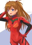  1girl blue_background blue_eyes bodysuit brown_hair cowboy_shot gomashio_star hand_on_hip highres interface_headset looking_at_viewer multicolored multicolored_bodysuit multicolored_clothes neon_genesis_evangelion pilot_suit plugsuit red_bodysuit solo souryuu_asuka_langley twitter_username two-tone_background two_side_up white_background 