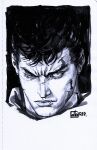  1boy berserk closed_mouth commentary english_commentary greyscale guts_(berserk) highres kopfstoff looking_at_viewer male_focus monochrome portrait sanpaku scar scar_on_face scar_on_nose short_hair signature solo very_short_hair 