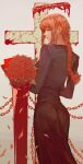  1girl absurdres blood blood_splatter bouquet braid chain chainsaw_man cross flower from_behind highres holding holding_bouquet looking_back makima_(chainsaw_man) petals red_flower red_rose redhead rose 