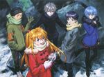  2girls 3boys absurdres ayanami_rei coat coffee color_halftone gloves highres ikari_shinji multiple_boys multiple_girls nagisa_kaworu neon_genesis_evangelion official_art sadamoto_yoshiyuki scan scarf snow souryuu_asuka_langley suzuhara_touji winter_clothes 