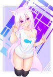  1girl :&lt; animal_ear_fluff animal_ears black_legwear breasts double_v expressionless fox_ears fox_girl highres kouhii_kitsune long_hair medium_breasts naked_shirt no_pants off_shoulder original pink_eyes pink_hair shirt short_sleeves thigh-highs v white_shirt 