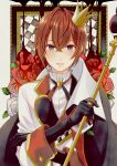  1boy black_gloves brown_hair crown flower gloves grey_eyes hair_between_eyes highres looking_at_viewer male_focus mini_crown riddle_rosehearts scepter short_hair solo tilted_headwear twisted_wonderland ueno_haruki upper_body 