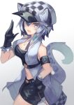  1girl animal_ears arknights armband bare_shoulders black_bandeau black_gloves black_shorts cabbie_hat checkered checkered_headwear cliffheart_(arknights) feet_out_of_frame gloves grey_eyes hair_ribbon hand_on_hip hand_up hat highres jacket jewelry leopard_ears leopard_tail looking_at_viewer midriff multicolored_hair necklace open_clothes open_jacket open_mouth ribbon sasa_onigiri short_hair short_shorts shorts simple_background sleeveless sleeveless_jacket solo tail tress_ribbon 