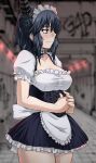  1girl absurdres akito_(sub707) alternate_costume apron bangs black_hair blurry blurry_background blush breasts closed_mouth commentary_request enmaided eyebrows_visible_through_hair hair_ornament headgear highres kantai_collection large_breasts maid maid_headdress panties profile red_eyes short_hair short_sleeves sidelocks solo underwear waist_apron white_apron white_panties yamashiro_(kancolle) 