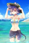  1girl animal_ears bare_shoulders bikini breasts caustics clouds collarbone day dra gold_trim grey_hair hair_ornament hairclip hands_up hat horizon medium_breasts mouse_ears mouse_tail navel nazrin outdoors partially_submerged red_eyes sarong sky smile solo swimsuit tail touhou 
