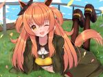  1girl animal_ears black_legwear bomber_jacket boots ear_ribbon grass green_jacket hair_ribbon highres horse_ears horse_girl horse_tail jacket long_hair looking_at_viewer lying mayano_top_gun_(umamusume) mi_taro333 on_stomach open_mouth orange_hair ribbon smile solo tail twintails two_side_up umamusume 