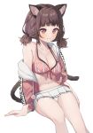  1girl animal_ears bikini breasts brown_hair cardigan cat_ears cat_tail commentary feet_out_of_frame highres kmnz large_breasts looking_at_viewer mc_liz miniskirt navel off_shoulder open_cardigan open_clothes panties pantyshot pink_bikini pink_sweater pleated_skirt red_eyes short_hair short_twintails simple_background sitting skirt smile solo sweater swimsuit syhan symbol_commentary tail teeth twintails underwear virtual_youtuber white_background white_panties white_skirt 