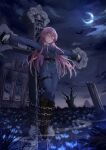  1girl black_footwear blue_jacket blue_pants boots chain closed_eyes cross crucifixion gloves jacket knee_boots legs_together liusu_hongchen long_hair long_sleeves military military_uniform night original outdoors outstretched_arms pants pink_hair ruins solo uniform white_gloves 
