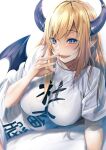  1girl bangs blonde_hair blue_eyes blush breasts demon_girl demon_horns demon_wings eyebrows_visible_through_hair fumihiko_(fu_mihi_ko) highres hololive horns large_breasts long_hair looking_at_viewer lying on_side open_mouth pointy_ears shirt short_sleeves smile solo swept_bangs translation_request virtual_youtuber white_shirt wings yuzuki_choco 
