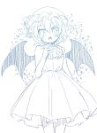  1girl aoi_(annbi) bat_wings blush commentary_request cravat dress fangs hand_up hat hat_ribbon lineart looking_at_viewer mob_cap monochrome open_mouth remilia_scarlet ribbon short_hair solo touhou white_background wings 
