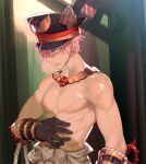  1boy animal_ear_headwear arai_12 bangs black_gloves black_headwear blue_eyes blush clothes_around_waist commentary_request cowboy_shot gauntlets gloves hair_between_eyes hand_on_own_stomach hat jewelry looking_to_the_side male_focus necklace no_nipples open_mouth peaked_cap pink_hair ragnarok_online scar shirt shirt_around_waist shirtless short_hair shura_(ragnarok_online) solo sweatdrop tassel toned toned_male white_shirt 