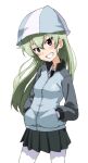  1girl alternate_hairstyle anchovy_(girls_und_panzer) bangs black_neckwear black_skirt blue_headwear blue_jacket cosplay cowboy_shot dress_shirt eyebrows_visible_through_hair girls_und_panzer green_hair grin hair_down hands_in_pockets hat head_tilt jacket kayabakoro keizoku_military_uniform long_hair long_sleeves looking_at_viewer mika_(girls_und_panzer) mika_(girls_und_panzer)_(cosplay) military military_uniform miniskirt necktie pantyhose pleated_skirt raglan_sleeves red_eyes shirt simple_background skirt smile solo standing track_jacket tulip_hat uniform white_background white_legwear white_shirt wing_collar 