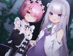  2girls bangs bare_shoulders blue_hair blunt_bangs blurry blurry_background bow bowtie braid detached_sleeves dress emilia_(re:zero) eringikinono flower frilled_sleeves frills hair_bow hair_flower hair_ornament hairband highres holding_hands jewelry long_hair long_sleeves looking_at_viewer multicolored multicolored_clothes multicolored_dress multiple_girls off_shoulder one_eye_covered open_mouth parted_lips ram_(re:zero) re:zero_kara_hajimeru_isekai_seikatsu red_eyes redhead roswaal_mansion_maid_uniform short_hair sidelocks smile standing tongue upper_body upper_teeth violet_eyes wide_sleeves x_hair_ornament 