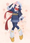  1girl absurdres arm_up black_hair blue_eyes blush commentary_request female_protagonist_(pokemon_legends:_arceus) floating_scarf full_body head_scarf highres kazuhiro_(user_aprk8784) knees_together long_hair looking_at_viewer loose_socks pants parted_lips pokemon pokemon_(game) pokemon_legends:_arceus red_scarf sash scarf shoes solo undershirt white_headwear white_legwear yellow_footwear 