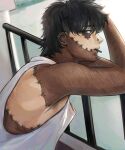  1boy alternate_costume alternate_hairstyle bangs bare_shoulders black_hair blue_eyes boku_no_hero_academia burn_scar dabi_(boku_no_hero_academia) from_side grey_shirt highres keva_(liltkeva) looking_at_viewer male_focus mouth_hold outdoors piercing scar shirt short_hair spiky_hair stitches upper_body 