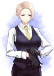  1girl anagumasan black_gloves black_vest blonde_hair blue_eyes breasts collared_shirt earrings gloves highres jewelry king_(snk) long_sleeves medium_breasts necktie ryuuko_no_ken shirt short_hair solo the_king_of_fighters vest white_shirt yellow_neckwear 