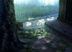  building can commentary_request dahlia dappled_sunlight day fence flower grass highres leaf nature no_humans original outdoors plant scenery shadow shuu_illust stone stone_path sunlight tree wooden_fence 