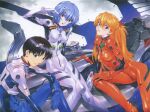  1boy 2girls absurdres ayanami_rei black_hair blue_bodysuit blue_hair bodysuit color_halftone highres ikari_shinji interface_headset looking_at_viewer mecha multiple_girls neon_genesis_evangelion official_art orange_hair red_bodysuit scan sitting smile souryuu_asuka_langley white_bodysuit 