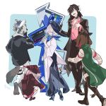  2boys 3girls animal_ears arknights black_hair black_jacket brown_hair catapult_(arknights) dress green_jacket horse_tail jacket korukun midnight_(arknights) multiple_boys multiple_girls orchid_(arknights) pointy_ears popukar_(arknights) spot_(arknights) tail white_dress white_hair 