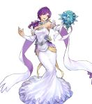 1girl bangs bare_shoulders bouquet breasts detached_collar dress feather_trim fire_emblem fire_emblem:_the_binding_blade fire_emblem_heroes flower full_body hair_ornament highres holding juno_(fire_emblem) long_hair long_skirt low_ponytail medium_breasts official_art purple_hair simple_background skirt solo strapless strapless_dress tied_hair transparent_background uroko_(mnr) violet_eyes wedding_dress white_dress 