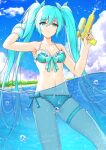  1girl air_bubble aqua_bikini aqua_eyes aqua_hair armpits bangs bare_shoulders bikini blue_sky breasts bubble clouds collarbone commentary day expressionless eyebrows_visible_through_hair eyes_visible_through_hair flan_(seeyouflan) frilled_bikini frills front-tie_bikini front-tie_top hair_between_eyes hand_in_hair hatsune_miku highres long_hair looking_at_viewer medium_breasts navel ocean outdoors partially_underwater_shot side-tie_bikini sky solo swimsuit thigh_strap twintails very_long_hair vocaloid water water_gun 