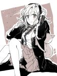  1girl animal_bag bangs blush breasts cat_bag closed_mouth commentary_request dangan_ronpa_(series) dangan_ronpa_2:_goodbye_despair feet_out_of_frame greyscale hair_ornament hairclip hands_up headphones hood jacket long_sleeves looking_at_viewer monochrome nanami_chiaki neck_ribbon pleated_skirt pogdan_(pog_dg3) ribbon shirt sitting sketch skirt smile solo space_print sparkle starry_sky_print two-tone_shirt 