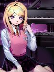  1girl ahoge akamatsu_kaede backpack bag black_skirt blonde_hair breasts dangan_ronpa_(series) dangan_ronpa_v3:_killing_harmony datcravat hair_ornament highres instrument kneehighs light_smile lips long_hair long_sleeves looking_at_viewer musical_note_hair_ornament necktie orange_neckwear piano randoseru shirt sitting skirt solo sweater_vest violet_eyes wariza white_shirt wing_collar 