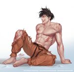  1boy abs barefoot black_eyes black_hair bruise bruise_on_face dragon_ball dragon_ball_z full_body grin in-hyuk_lee injury male_focus muscular muscular_male navel pants shirtless signature sitting smile solo son_goku torn_clothes torn_pants veins watermark web_address 