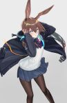  1girl amiya_(arknights) animal_ears arknights ascot black_coat blue_eyes blue_neckwear blue_skirt blush breasts brown_hair brown_legwear closed_mouth coat commentary contrapposto feet_out_of_frame from_above grey_background hair_between_eyes half_updo hand_on_own_head highres hooded_coat jewelry long_hair looking_at_viewer miniskirt miyazaki-san_(mmyyzk) multiple_rings neck_ring open_clothes open_coat pantyhose pleated_skirt rabbit_ears ribbed_sweater ring simple_background skirt small_breasts solo sweater thighlet white_sweater 