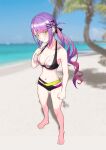  1girl absurdres alternate_costume artpatient bangs barefoot beach bikini breasts ear_piercing green_eyes hair_ornament highres hololive long_hair looking_at_viewer medium_breasts navel_piercing piercing purple_hair solo swimsuit tokoyami_towa towel twintails virtual_youtuber 