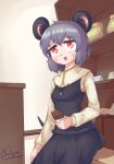  1girl absurdres animal_ear_fluff animal_ears bangs blush breasts candy capelet chocolate chocolate_bar commentary_request cookie_(touhou) cowboy_shot crystal eyebrows_visible_through_hair food grey_hair grey_skirt grey_vest highres holding holding_food indoors jewelry layered_clothing long_sleeves looking_up mouse_ears mouse_girl mouse_tail nazrin nyon_(cookie) open_mouth pendant red_eyes shelf shirt short_hair signature skirt skirt_set small_breasts solo ssalyun tail touhou vest white_capelet white_shirt 