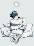  1boy bishounen blue_eyes blue_hair closed_mouth fek_doc grey_background hair_between_eyes highres looking_at_viewer male_focus object_hug original pillow simple_background sitting solo white_footwear white_theme 