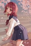  all_fours angel_beats! blue_skirt blush cherry_blossoms commentary feet_out_of_frame highres iwasawa looking_at_viewer mouth_hold ms_cloud outdoors pleated_skirt red_eyes red_neckwear redhead school_uniform serafuku shirt short_hair skirt stairs white_shirt 