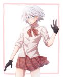  1boy ahoge bangs black_gloves black_skirt blush bow brown_skirt cheer_(cheerkitty14) collared_shirt cowboy_shot dangan_ronpa_(series) dangan_ronpa_v3:_killing_harmony dress_shirt gloves grey_hair hand_up highres keebo looking_at_viewer male_focus parted_lips plaid plaid_skirt shirt short_hair simple_background skirt sleeves_folded_up solo w white_background white_hair 