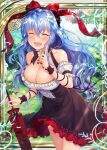  1girl bare_shoulders black_ribbon blue_hair breasts cherry_earrings closed_eyes collaboration dress earrings falkyrie_no_monshou flower food_themed_earrings frilled_dress frills garden hair_flower hair_ornament hair_ribbon jewelry kirsch_(falkyrie_no_monshou) large_breasts natsumekinoko official_art open_mouth outdoors rabbit red_ribbon ribbon shinkai_no_valkyrie smile umbrella 