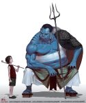  2boys black_hair blue_skin brown_hair bruise cape child colored_skin fangs fat fat_man geta holding holding_pipe in-hyuk_lee injury jimbei male_focus multicolored_hair multiple_boys muscular muscular_male one_piece pipe pointy_ears polearm portgas_d._ace shadow shorts signature silver_hair squatting trident two-tone_hair veins watermark weapon web_address younger 