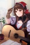  1girl absurdres acoustic_guitar blush brown_eyes brown_hair coffee coffee_mug cup girls_frontline gloves guitar hair_scarf highres instrument long_hair mug pami_a117 sidelocks smile solo zvi_falcon_(girls_frontline) 