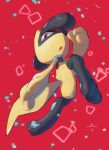  :o absurdres commentary creature fang full_body gen_4_pokemon highres looking_at_viewer no_humans nullma open_mouth pokemon pokemon_(creature) red_background red_eyes riolu signature solo toes tongue 