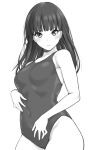  1girl amagami ayatsuji_tsukasa bangs blunt_bangs competition_swimsuit covered_navel cowboy_shot greyscale long_hair looking_at_viewer monochrome one-piece_swimsuit parted_lips shouji_nigou solo swimsuit 