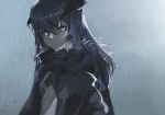  1girl arknights black_jacket blue_eyes blue_hair cheonyeon-hi commentary demon_horns fur-trimmed_hood fur_trim hair_between_eyes hood hood_down horns jacket long_hair looking_at_viewer mostima_(arknights) open_clothes open_jacket outdoors rain shirt sketch solo strap upper_body white_shirt 