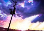  absurdres bird blue_sky building building_block city cityscape clouds commentary_request dark_clouds evening flock highres light light_rays no_humans orange_sky original pajaman power_lines scenery shadow sky skyline sunbeam sunlight tower utility_pole 