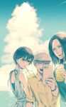  1girl 2boys :d ^_^ ^o^ armin_arlert baseball_cap black_hair blonde_hair blue_sky closed_eyes clouds dress eren_yeager hat highres holding holding_phone mikasa_ackerman multiple_boys ocean open_mouth phone sakuragawanaa shingeki_no_kyojin shirt short_sleeves sky smile yellow_shirt 