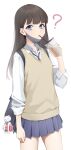 1girl :o ? absurdres backpack bag bangs black_bag black_hair blue_eyes blue_skirt brown_hair brown_vest charm_(object) collared_shirt commentary_request cowboy_shot cup disposable_cup drinking drinking_straw hand_up highres holding kuen_(kuennn12) long_hair long_sleeves looking_at_viewer mask mask_removed mouth_mask original pleated_skirt shirt simple_background skirt solo stuffed_animal stuffed_toy sweater_vest teddy_bear vest white_background white_shirt 